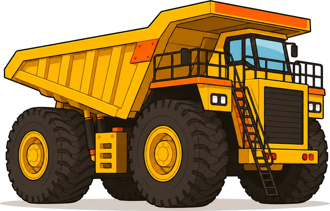 Tecknad gul gruvtruck med enormt flak och däck högre än en människa