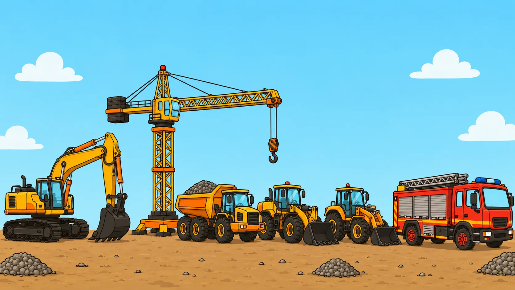 Tecknad arbetsplats med grävmaskin, hjullastare, dumper och mobilkran på rad