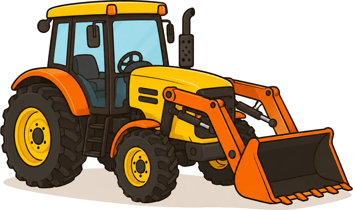 Tecknad gul traktor med orange frontlastare och stora bakhjul